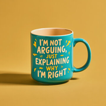 Turquoise ceramic mug with humorous argument quote in bold cream lettering, accented with yellow lightning graphics against a warm mustard studio background.