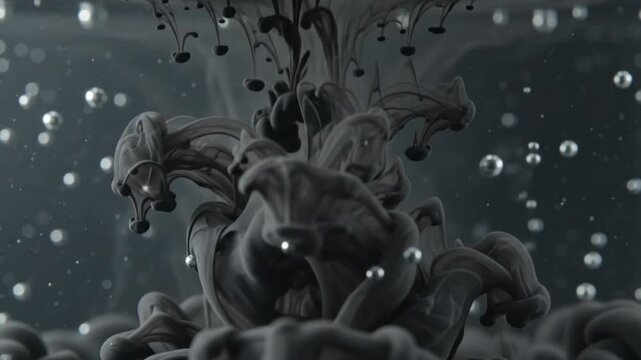 Black ink dripping into clear water with rising air bubbles with pigment swirling underwater against gray background video dark pigment underwater