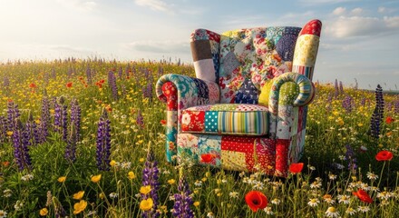 Naklejka premium Vibrant patchwork chair in flower field.