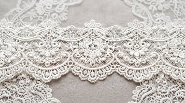 Intricate ivory lace fabric featuring delicate floral patterns and scalloped edges showcased on soft light beige background with elegant detail