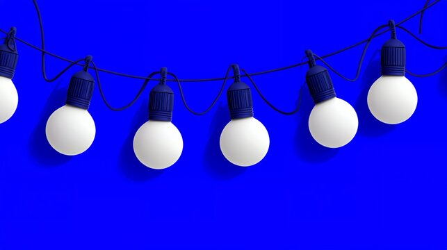 Minimalist hanging party string lights with white bulb globes against vibrant royal blue background for holiday invitation banner