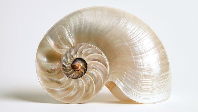 Close-up of a beautiful iridescent nautilus shell showcasing its intricate spiral pattern.