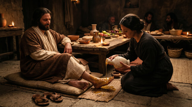 Mary of Bethany breaking an alabaster flask to pour incredibly expensive, fragrant pure nard over the feet of Jesus