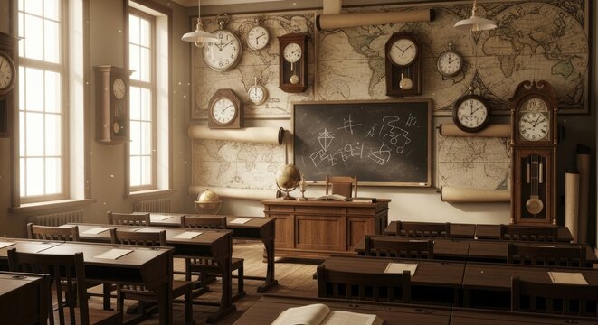 Vintage classroom with old clocks and desks.