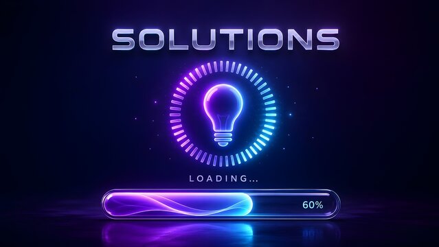 Futuristic technology solutions loading with neon glowing lightbulb and progress bar representing digital transformation and modern cyber innovation