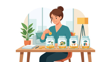 Fototapeta premium Young Woman Managing Financial Budget by Putting Coins into Savings Jars for Future Goals Flat Vector Element