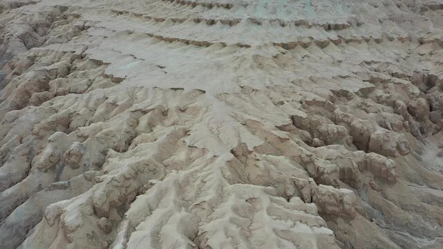 Aerial view of the eroded landscape of Mount Zin in the Negev desert near Yeruham, South District, Israel.