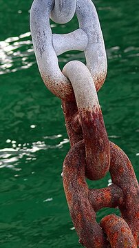 Colors of pier mooring chain and shimmering sea surface