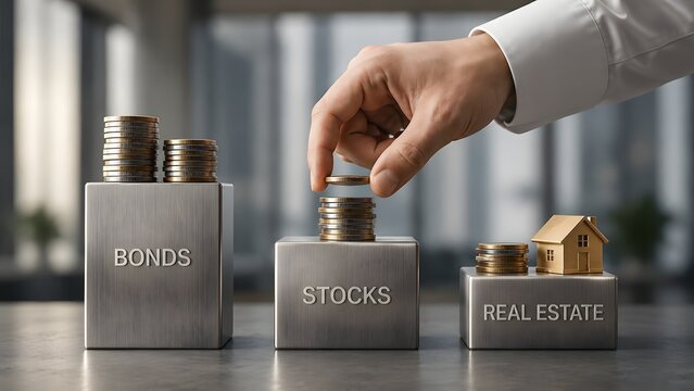 Corporate wealth management featuring a hand building coin stacks on metallic blocks for stocks bonds and real estate portfolio diversification