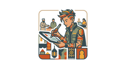 Fototapeta premium Artist using digital tablet with cultural icons.
