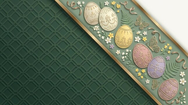 Happy Easter 3D Paper Cut Diagonal Background with Pastel Decorated Eggs Spring Flowers and Golden Butterflies
