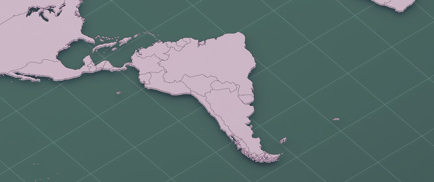3D Render South America Map Isometric View with Country Borders Caribbean Region Teal Background Artistic Representation