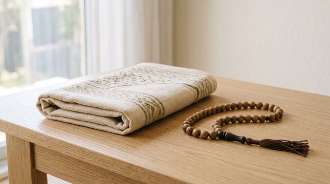 Folded beige prayer towel and wooden tasbih beads on minimalist wooden surface for spiritual rituals