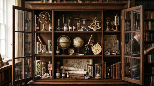 A vintage wooden cabinet filled with scientific instruments, globes, old books, and maps, evoking a sense of discovery and historical exploration.