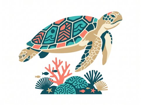 Sea Turtle with Coral Reef Decorative Vector Illustration