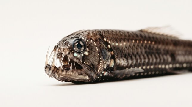 A fearsome viperfish with sharp fangs and bioluminescent markings glares intensely from the deep sea, its unique physiology hinting at survival in the abyss.