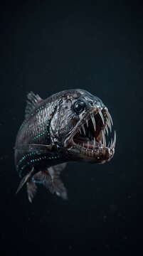 A terrifying deep-sea viperfish with rows of sharp teeth and a menacing stare emerges from the abyssal darkness, a fearsome predator of the ocean depths.
