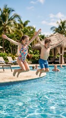 Naklejka premium Two excited children joyfully leap into a sparkling blue swimming pool, arms outstretched in mid-air, surrounded by lush tropical foliage and a thatched-roof cabana.