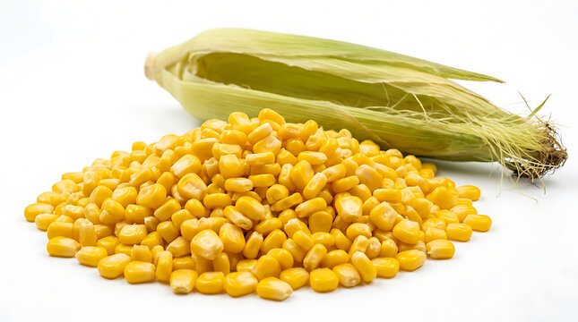 Sweet yellow corn kernels piled in a heap next to a fresh raw ear of corn with green husk isolated on white background