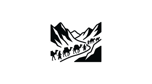 Caravan of camels walking through mountains.