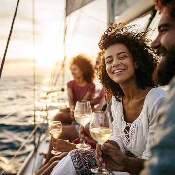 Friends Enjoying Sunset Wine Cruise on Luxury Yacht &ndash; Generative AI &ndash; no real persons