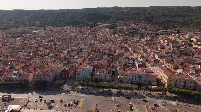 Panoramic Aerial View Of The Medieval Town Of Carloforte On San Pietro Island, Sardinia, Italy.