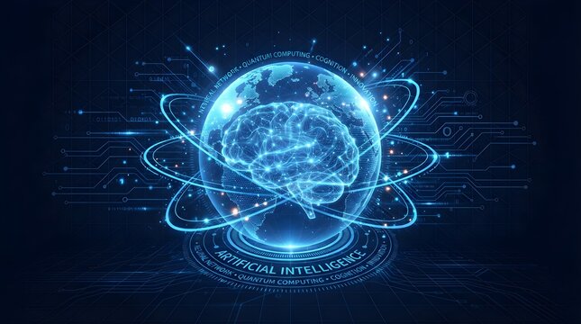 Glowing artificial intelligence brain sphere with orbital circuit paths, digital neural core, blue cyber interface, data particles, and futuristic technology design representing machine learning and s
