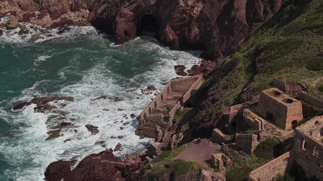 Laveria Lamarmora Historic, Multi-level Cliffside Ore-washing Facility In Nebida, Sardinia, Italy. Aerial Drone Shot