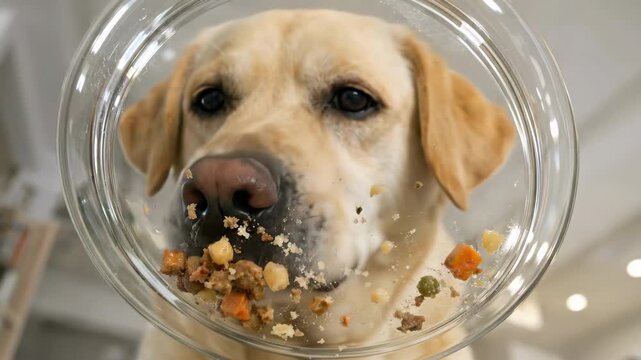 A labrador peers through a clear glass bowl worn over its head, munching kibble with crumbs around the lips; a goofy, curious expression turns a simple feeding moment into playful domestic whimsy.