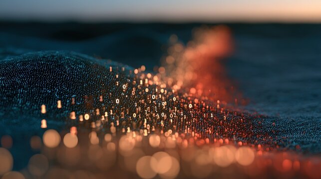 Abstract digital landscape with dark blue wavy illuminated dot mesh, warm yellow amber red binary code flowing across undulating terrain, low angle view and strong bokeh effect