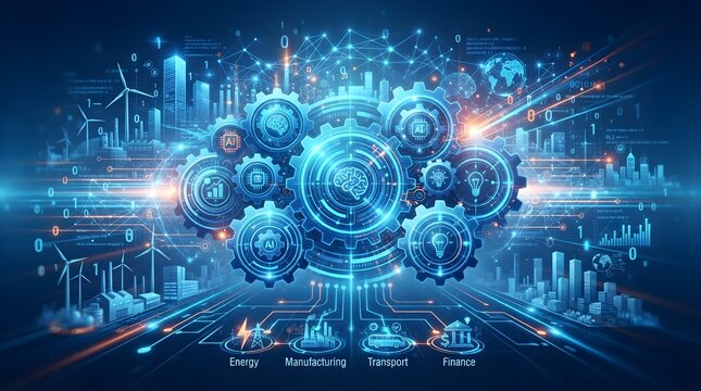 Futuristic digital automation ecosystem with glowing gears, connected AI network, data analytics charts, smart technology icons, business growth graphs, and cyber innovation interface for intelligent 