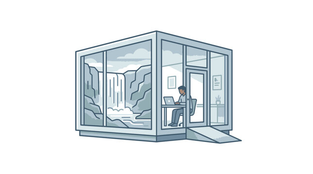 Glass modular office pod located near a waterfall.