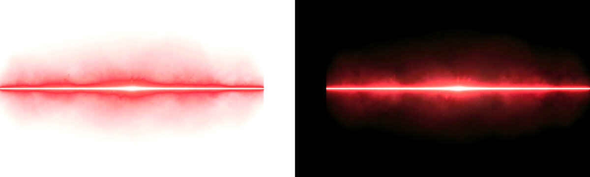 A vibrant red horizontal light effect overlay featuring a glowing beam of energy and soft particles created as an isolated on transparent background