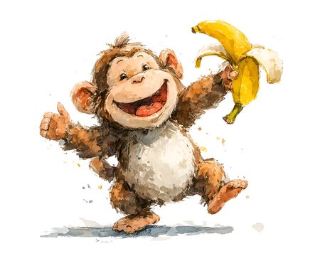 Happy cartoon monkey giving thumbs up holding a peeled banana
