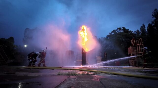 A group of firefighters wearing protective gear are using hoses and foam nozzles to spray into an oil spillway during an outdoor fire drill