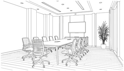 Modern corporate conference meeting room interior sketch with boardroom table office chairs and presentation screen © Bappi
