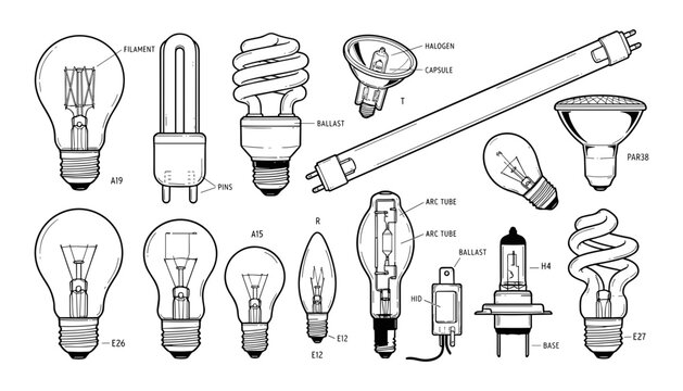 Light bulb types vector icon set featuring incandescent cfl led halogen fluorescent lamps with technical diagram line art