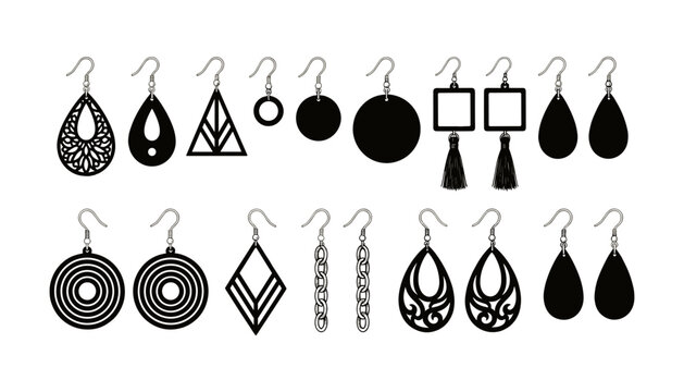 Fashion earring jewelry silhouette template set with geometric drop dangle and laser cut earring design shapes