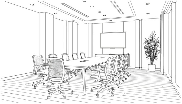 Modern corporate conference meeting room interior sketch with boardroom table office chairs and presentation screen