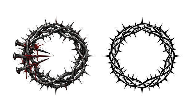 Crown of thorns vector illustration set featuring easter christian cross crucifixion nails and red blood splatters