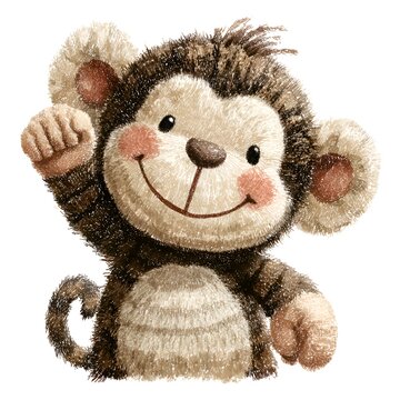 Cute fluffy monkey with a happy smile waving hello, isolated on white background