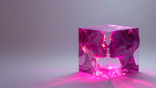 Magenta glass cube with woman face profile inside. Neon pink glow light reflection on surface. Metaverse science fiction future technology concepts design. Machine learning visions generation process.