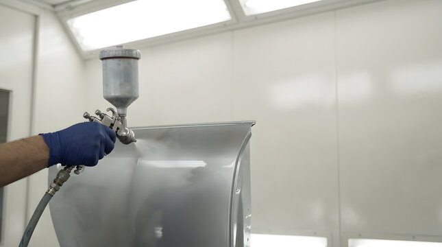 Professional auto body technician using a spray gun to paint a silver car door panel inside a bright workshop spray booth during a detailed vehicle restoration process. - for commercial marketing,