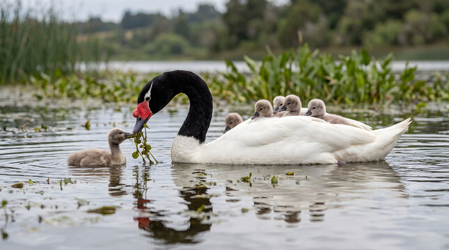 Black-necked swan mother carrying cygnets on back in a lake