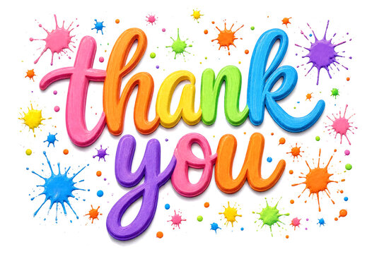Colorful thank you text with vibrant paint splatters and dots isolated for celebrations