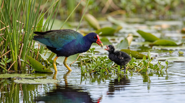 Purple Gallinule bird feeding its small black chick in a natural wetland habitat.