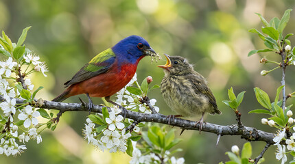 Obraz premium Painted Bunting bird feeding its hungry fledgling chick on a blooming spring branch