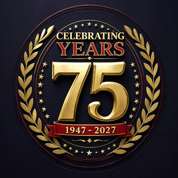 Golden elegant seventieth fifth anniversary emblem with laurel wreath and decorative stars design
