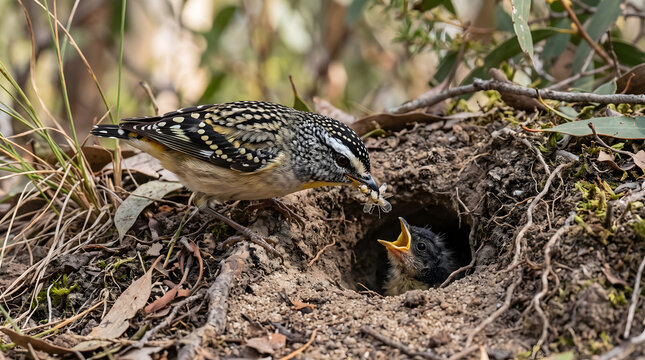Spotted Pardalote bird feeding its chick inside a ground nesting tunnel in the wild.