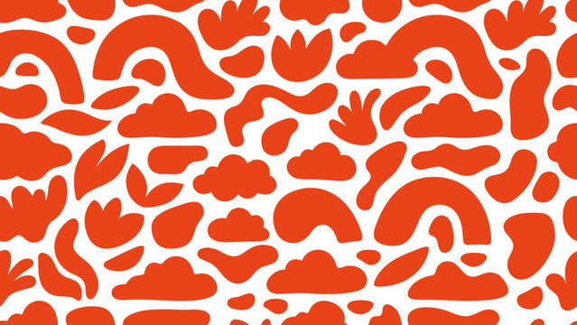 Seamless organic orange blob pattern with playful modern motifs. Flat vector illustration.